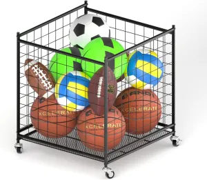 Ball Storage - 22.83" Basketball Cart With Wheels Garage Volleyball Storage Sport Equipment Holder Organizer For Indoor Outdoor,Metal Storage Rack For Playgroup,Gym And School (Small ball basket cart)