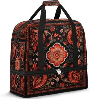 Baroque Floral Ornamentation Travel Duffel Bag, Travel Essentials, Gym Bag for Women, Weekender Overnight Bag With Shoes Compartment, Carry On Bags for Airplanes