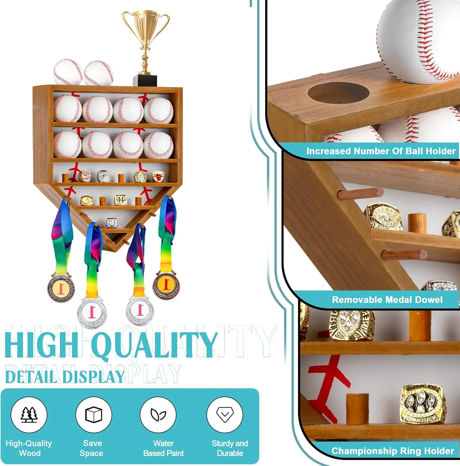Baseball Balls Display Case with Championship Rings Medals Holder, Solid Wooden Wall Mount Baseball Box for Balls, Rings, Medals, Trophies Collection Brown