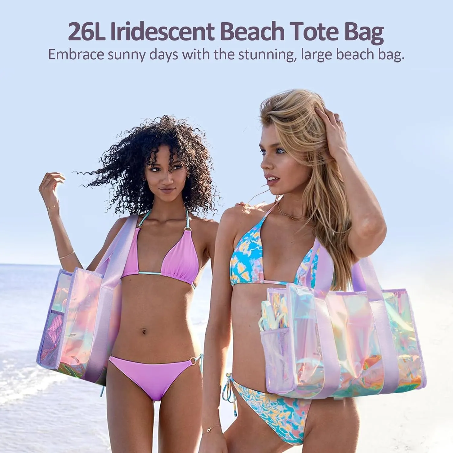 Beach Bag 26L Large Iridescent Waterproof Beach Tote Bag for Women with Zipper & Phone Pouch Sand/Tip-Proof Crossbody