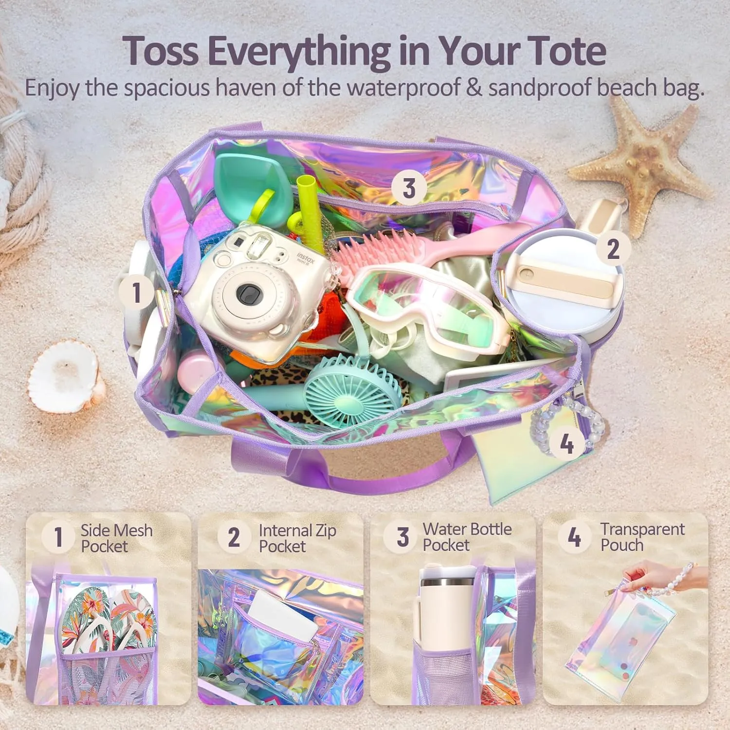 Beach Bag 26L Large Iridescent Waterproof Beach Tote Bag for Women with Zipper & Phone Pouch Sand/Tip-Proof Crossbody