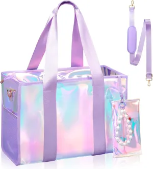 Beach Bag 26L Large Iridescent Waterproof Beach Tote Bag for Women with Zipper & Phone Pouch Sand/Tip-Proof Crossbody