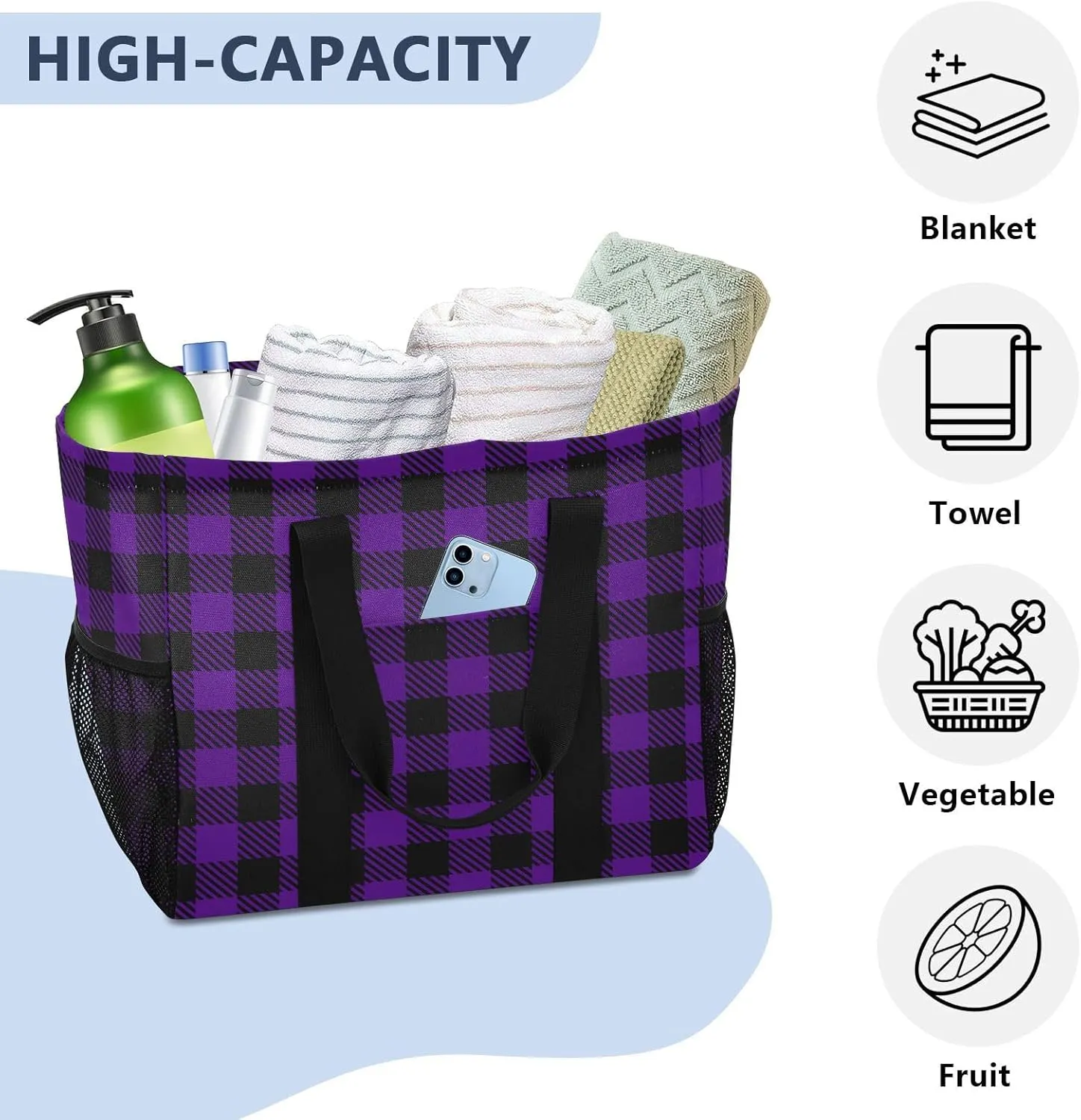 Beach Bag for Women Buffalo Plaid Check Red Sandproof Pool Bags Large Canvas Tote Bag with Pocket for Pool Travel Gym Beach