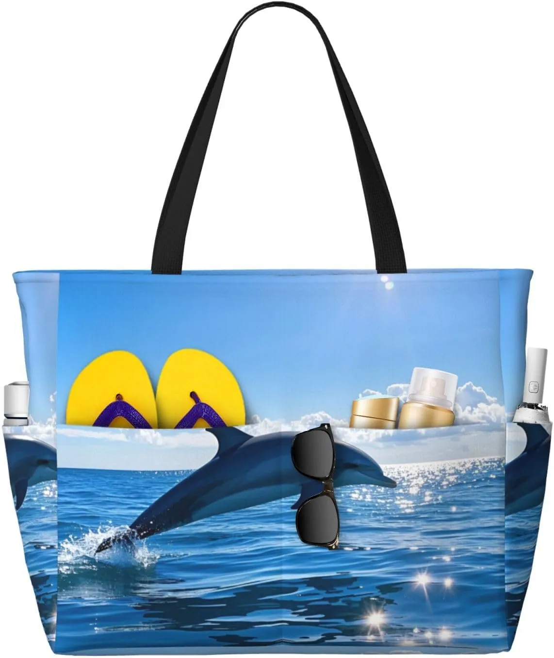 Beach Bag for Women, Waterproof Sandproof Beach Pool Travel Duffel Bags with 7 Pockets, Large Capacity Shoulder Tote Bag for Gym Travel Vacation Essential, Ocean Sea Dolphin Leap Out