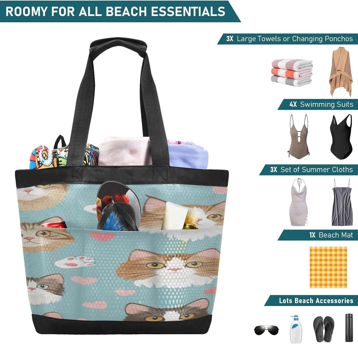 Beach Bag for Women Waterproof Sandproof Mesh Beach Tote Bag with Zipper and Pockets 1G