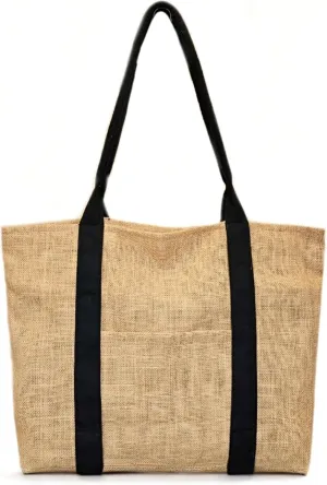 Beach Bag - Large Woven Beach Tote Bag - Boho Chic Travel Tote Bag With Hat Holder Strap, Water Resistant inner linner. (Wide, Sand)
