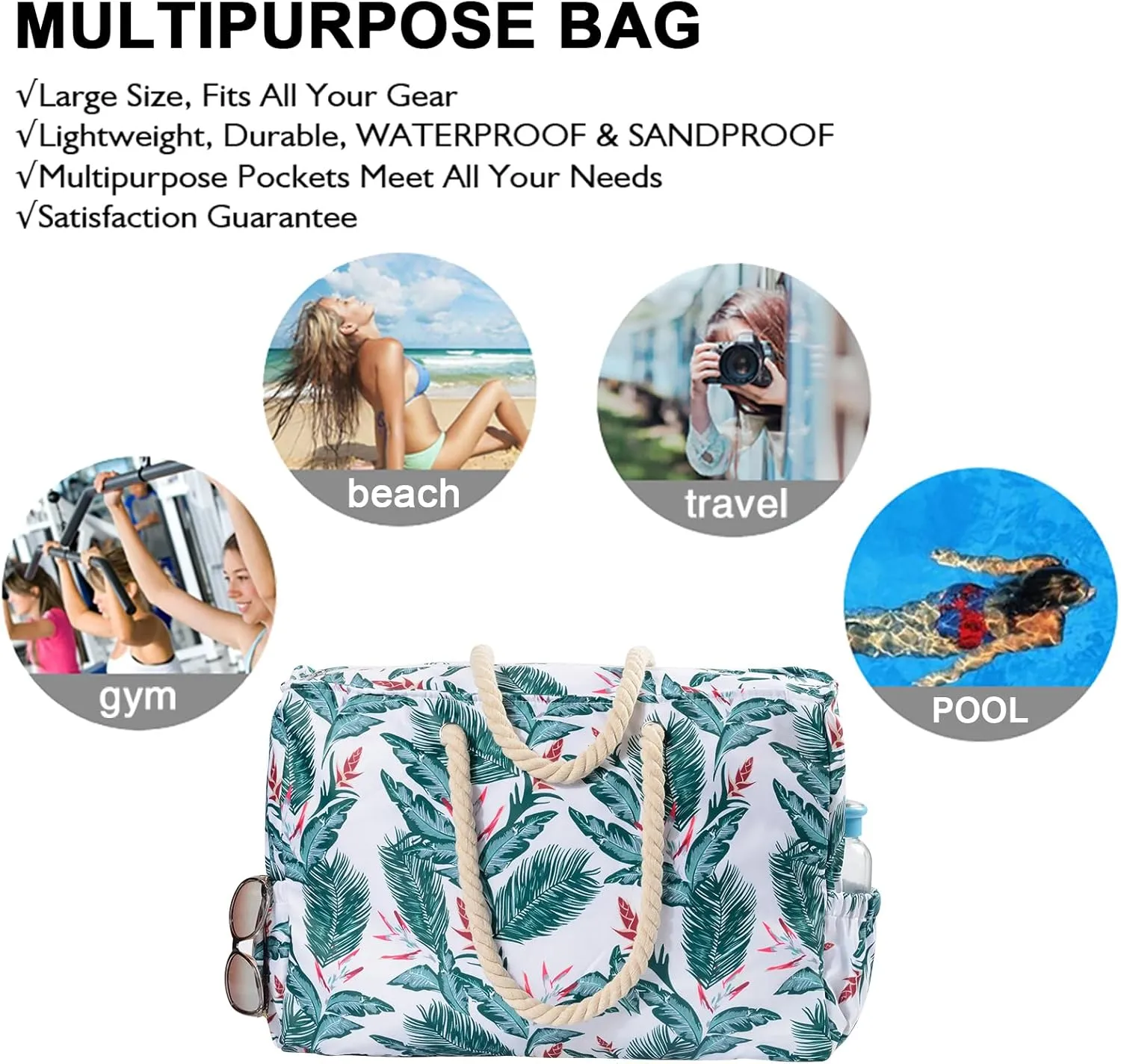 Beach Bags Extra Large Waterproof Sandproof Beach Tote Bag with Zipper Pockets for Swim Pool Family Vacation Travel