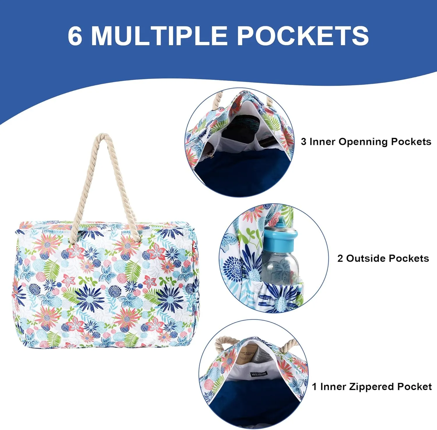 Beach Bags Extra Large Waterproof Sandproof Beach Tote Bag with Zipper Pockets for Swim Pool Family Vacation Travel