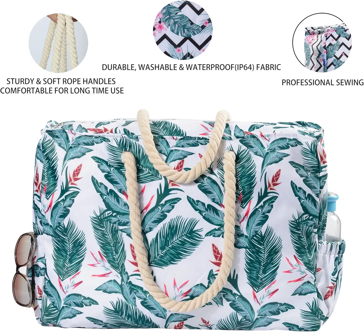 Beach Bags Extra Large Waterproof Sandproof Beach Tote Bag with Zipper Pockets for Swim Pool Family Vacation Travel