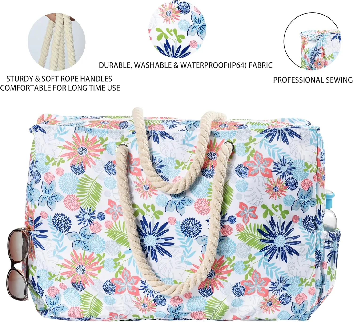 Beach Bags Extra Large Waterproof Sandproof Beach Tote Bag with Zipper Pockets for Swim Pool Family Vacation Travel