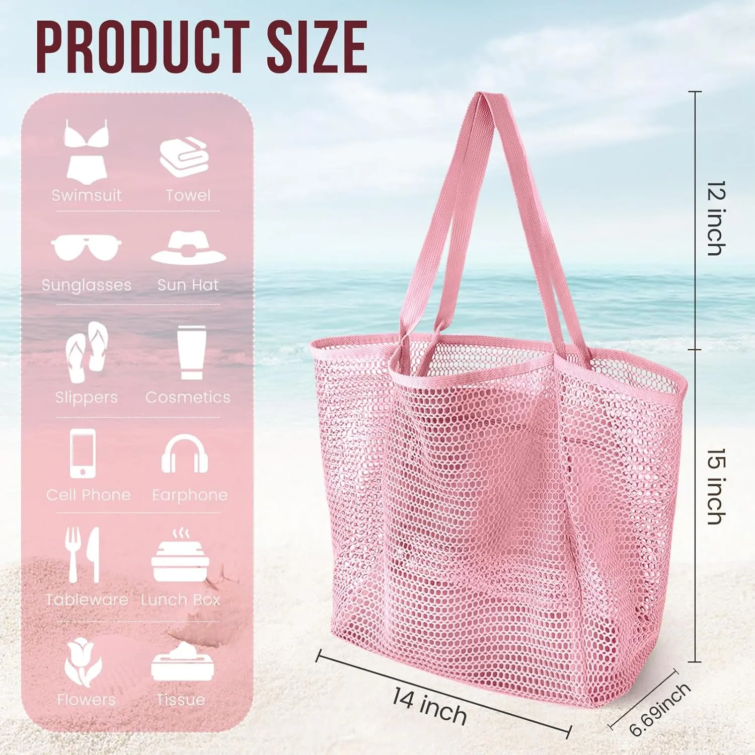 Beach Bags for Women, Foldable Mesh Tote Bag with Mini Pocke, Womens Shoulder bag for Travel Beach Essentials Swimming Pool