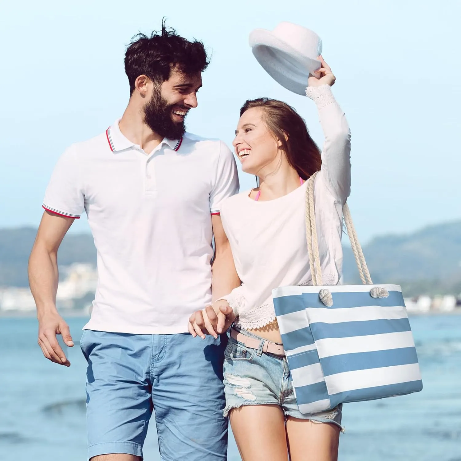 Beach Bags For Women - Large Beach Bags with Zipper Waterproof Sandproof Swim Pool Beach Bag