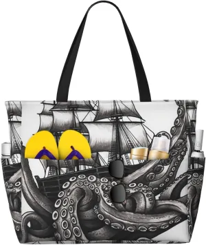 Beach Bags For Women Large Waterproof Sandproof Beach Tote Bag Lightweight Zipper Carry On Bag Black And White Octopus And Ship Pool Bag For Gym Travel Vocation