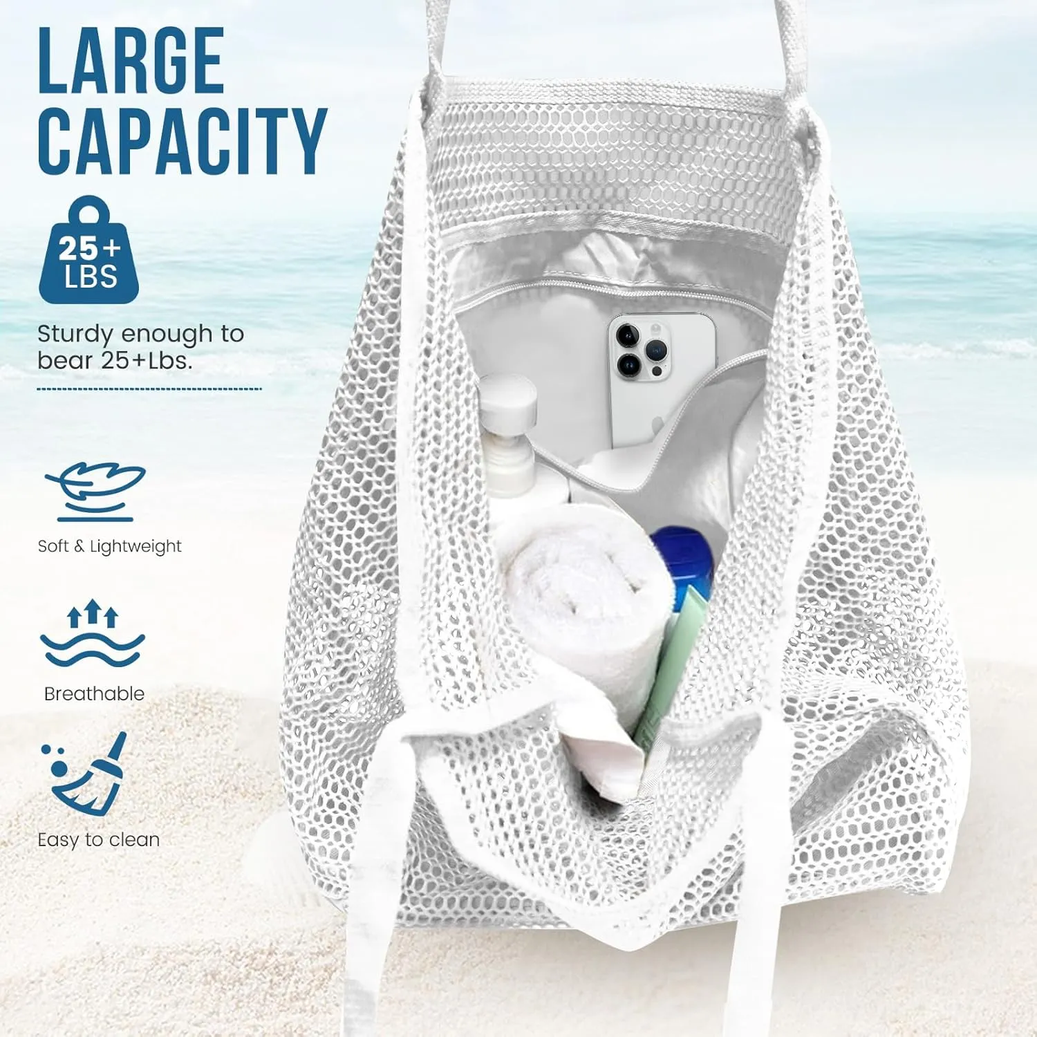 Beach Bags for Women, Summer Travel Mesh Tote Bag with Large Inner Pocket, Sandproof Woven Shoulder Handbag