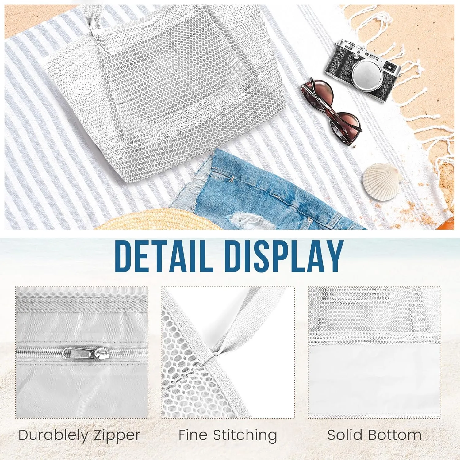 Beach Bags for Women, Summer Travel Mesh Tote Bag with Large Inner Pocket, Sandproof Woven Shoulder Handbag