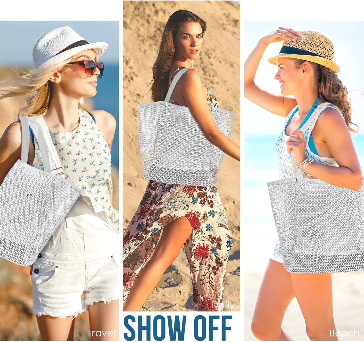 Beach Bags for Women, Summer Travel Mesh Tote Bag with Large Inner Pocket, Sandproof Woven Shoulder Handbag