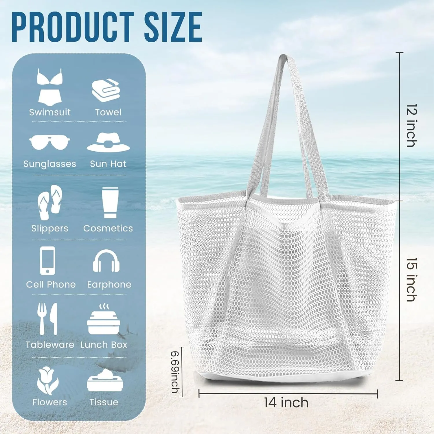 Beach Bags for Women, Summer Travel Mesh Tote Bag with Large Inner Pocket, Sandproof Woven Shoulder Handbag