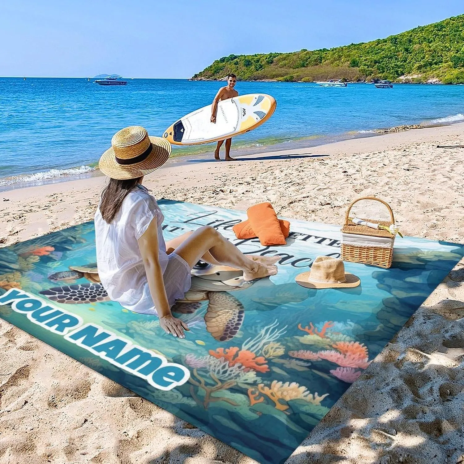Beach Blanket - Beach Mat Sand Free Waterproof - 110x118 Inch Oversized Beach Blanket with 4 Corner Pockets & Stakes - Custom Beach Blankets with Portable Bag - Summer Essentials for Travel & Picnic