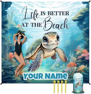 Beach Blanket - Beach Mat Sand Free Waterproof - 110x118 Inch Oversized Beach Blanket with 4 Corner Pockets & Stakes - Custom Beach Blankets with Portable Bag - Summer Essentials for Travel & Picnic