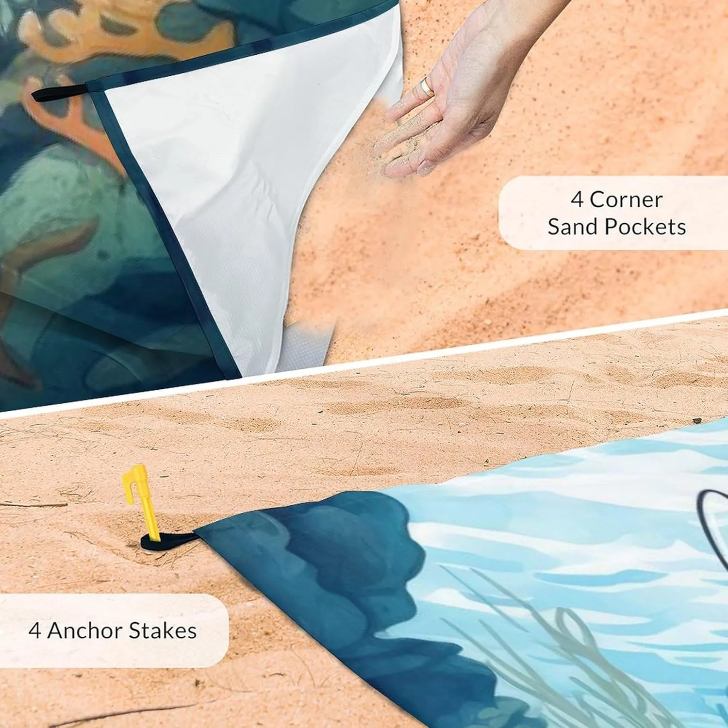 Beach Blanket - Beach Mat Sand Free Waterproof - 110x118 Inch Oversized Beach Blanket with 4 Corner Pockets & Stakes - Custom Beach Blankets with Portable Bag - Summer Essentials for Travel & Picnic