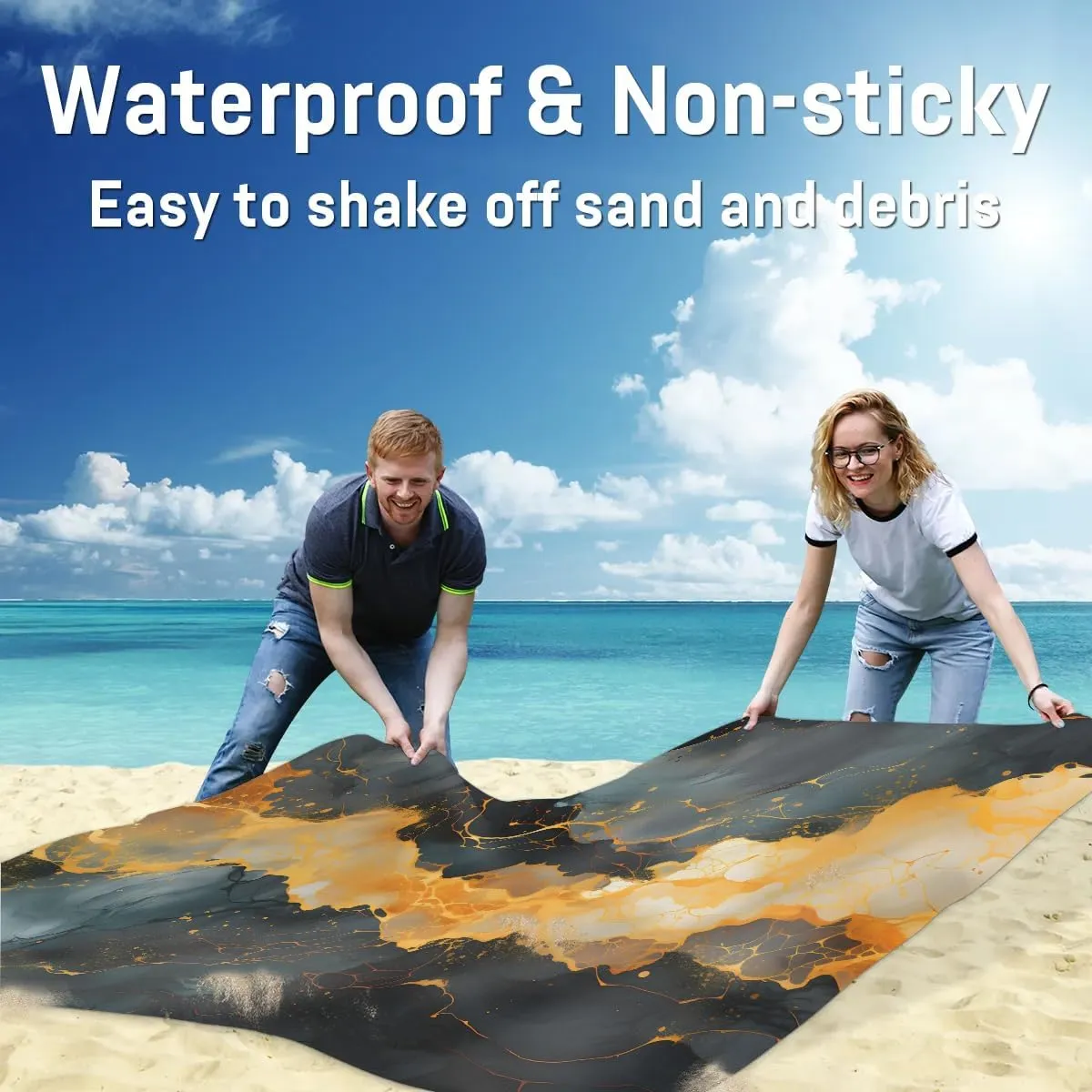 Beach Blanket, Marble Sandproof Beach Mat, Waterproof Quick Drying Sand Free Mat with 4 x Ground Spikes for Outdoor Travel Camping Hiking, Modern Texture 68 x 59 in