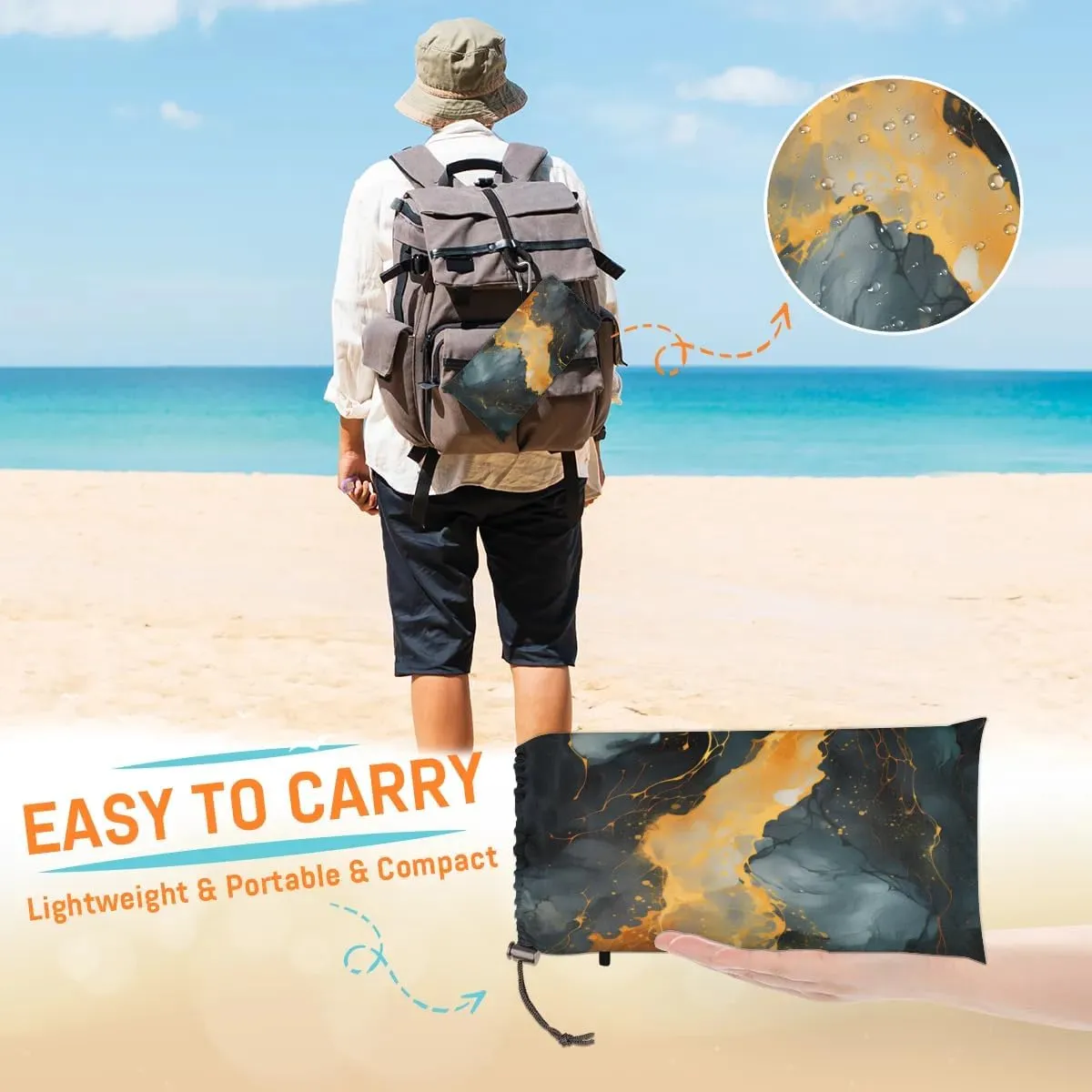 Beach Blanket, Marble Sandproof Beach Mat, Waterproof Quick Drying Sand Free Mat with 4 x Ground Spikes for Outdoor Travel Camping Hiking, Modern Texture 68 x 59 in