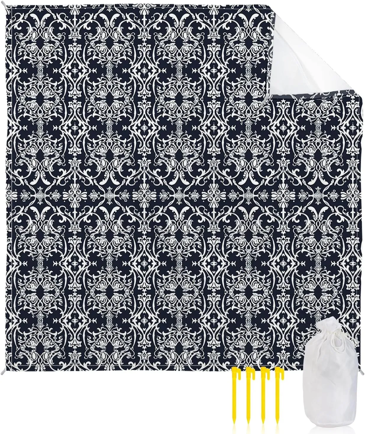 Beach Blanket Sandproof, Abstract Geometric Flowers Floral Blue Texture Waterproof Beach Mat Lightweight Quick Drying Picnic Blanket Beach Essentials for Travel Camping Hiking 83x79in