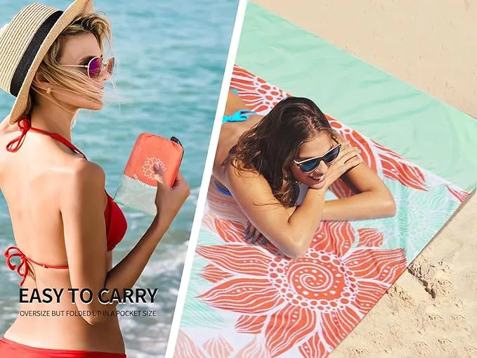 Beach Blanket Sandproof Extra Large Beach Mat Adults Waterproof Quick Drying Sand Free Mat Made by Premium Polyester with 4 Stakes & 4 Corner Pockets for Outdoor Travel Camping Hiking
