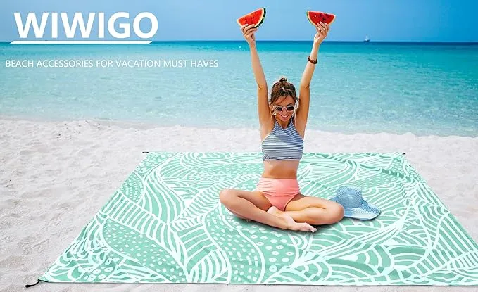 Beach Blanket Sandproof Extra Large Beach Mat Adults Waterproof Quick Drying Sand Free Mat Made by Premium Polyester with 4 Stakes & 4 Corner Pockets for Outdoor Travel Camping Hiking