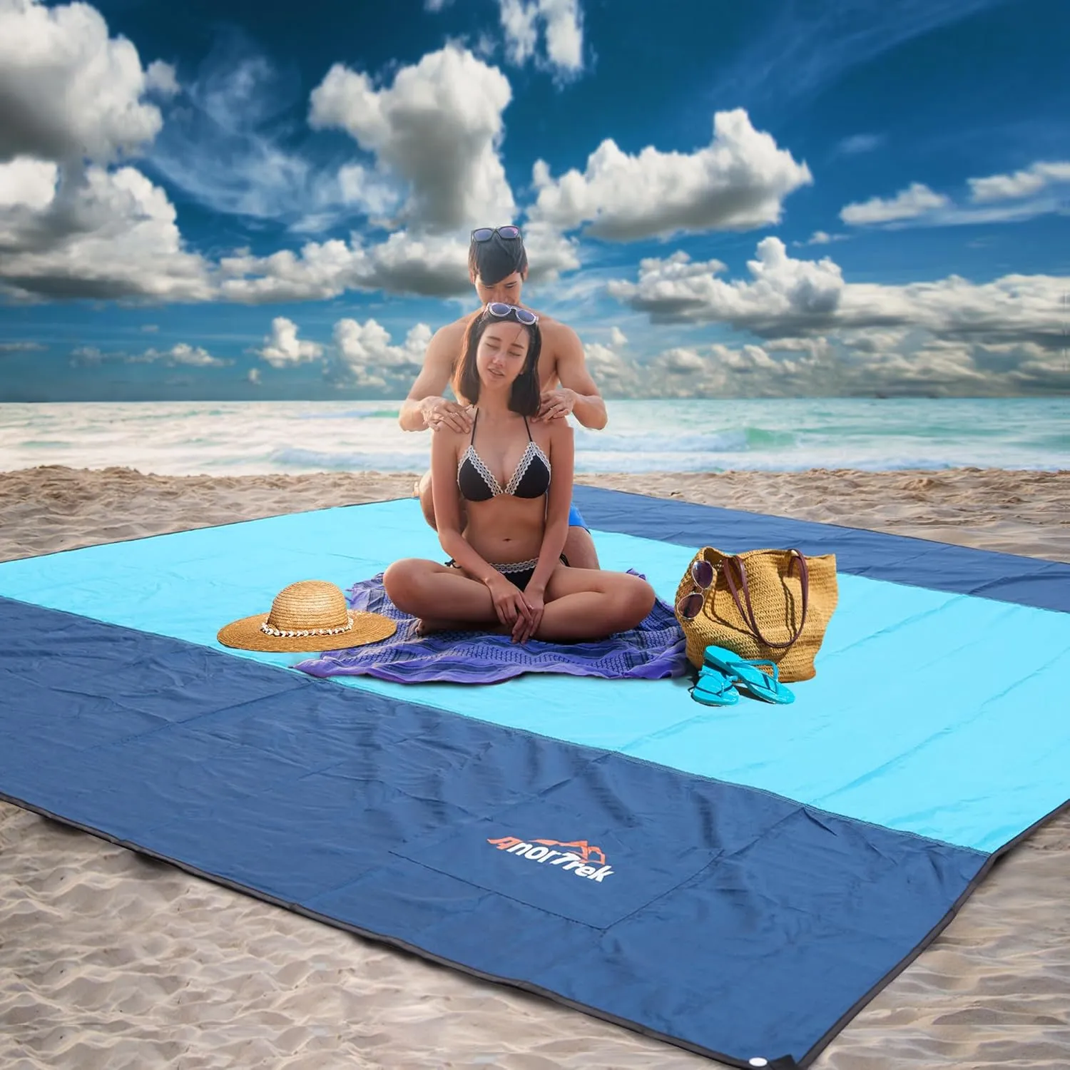 Beach Blanket Sandproof, Extra Large Beach Mat, Sand Free Mat Quick Drying, Lightweight, Soft & Durable Mat for Beach, Yard (Dark Blue & Blue, 10 x 10 FT (1～9 Person))