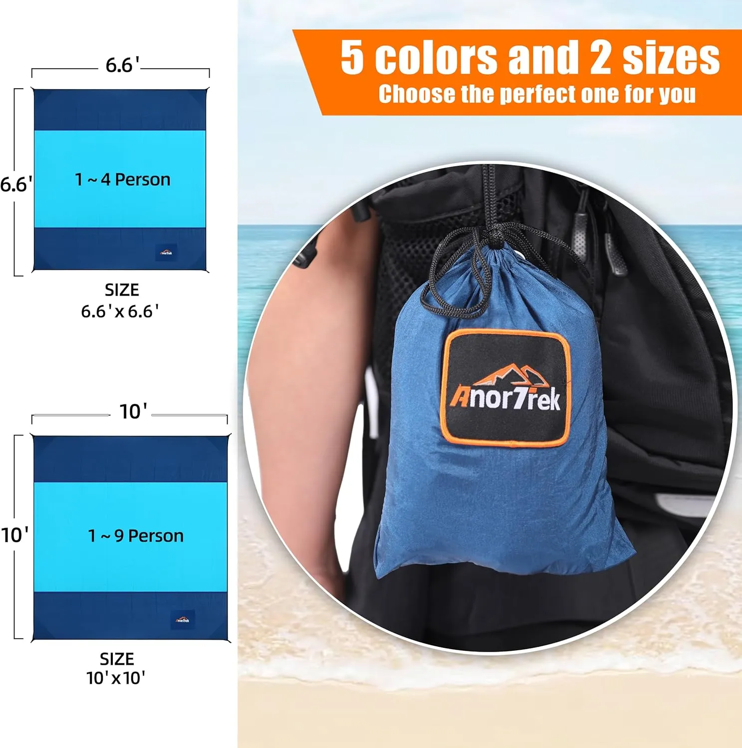 Beach Blanket Sandproof, Extra Large Beach Mat, Sand Free Mat Quick Drying, Lightweight, Soft & Durable Mat for Beach, Yard (Dark Blue & Blue, 10 x 10 FT (1～9 Person))