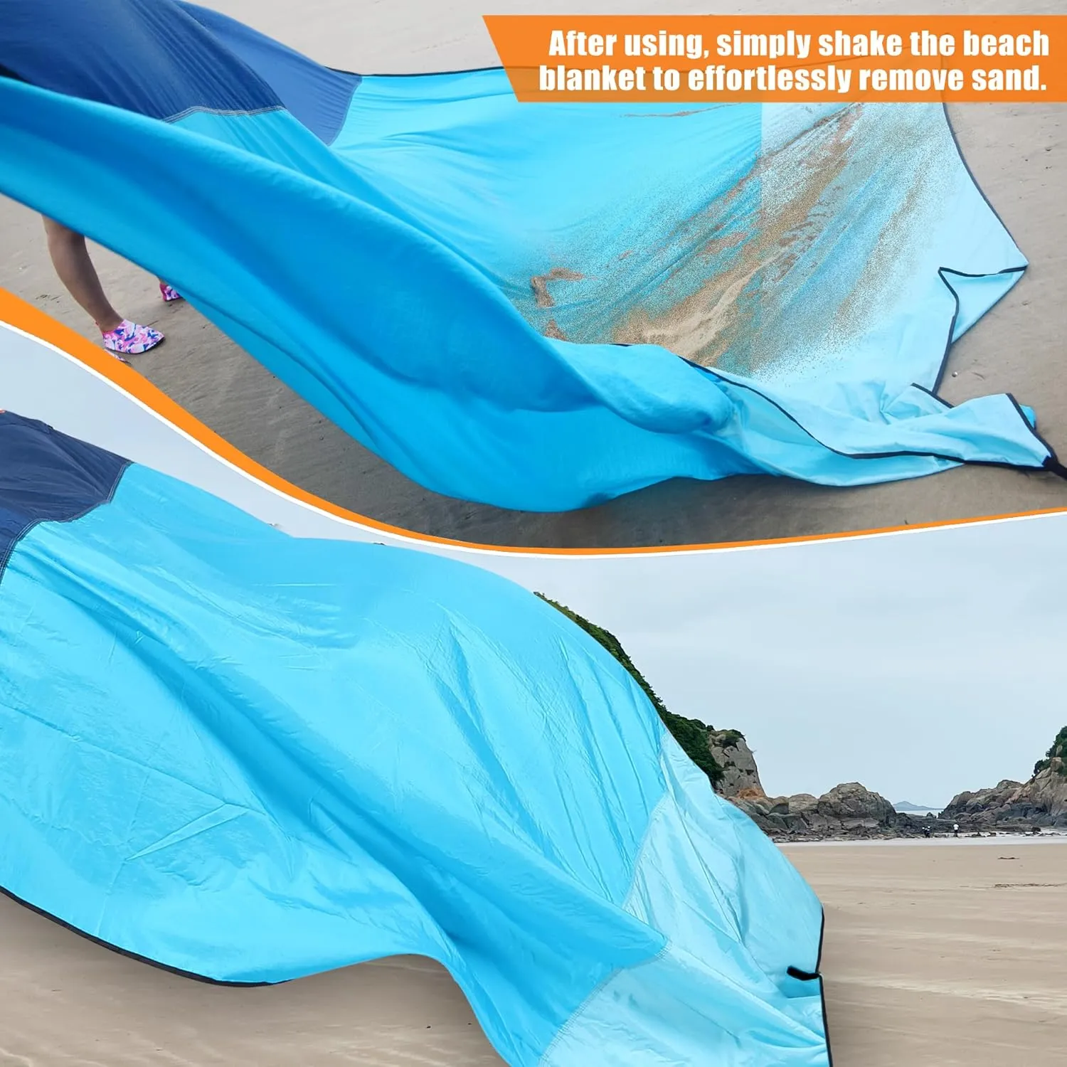 Beach Blanket Sandproof, Extra Large Beach Mat, Sand Free Mat Quick Drying, Lightweight, Soft & Durable Mat for Beach, Yard (Dark Blue & Blue, 10 x 10 FT (1～9 Person))