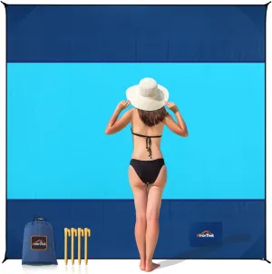 Beach Blanket Sandproof, Extra Large Beach Mat, Sand Free Mat Quick Drying, Lightweight, Soft & Durable Mat for Beach, Yard (Dark Blue & Blue, 10 x 10 FT (1～9 Person))