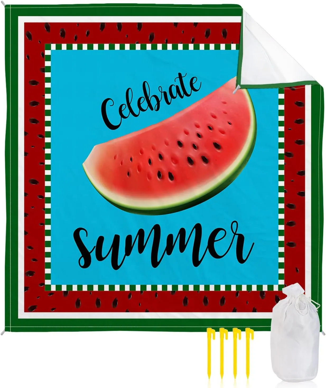 Beach Blanket Sandproof, Fruits Summer Watermelon Green Waterproof Beach Mat Lightweight Quick Drying Picnic Blanket Beach Essentials for Travel Camping Hiking 83x79in
