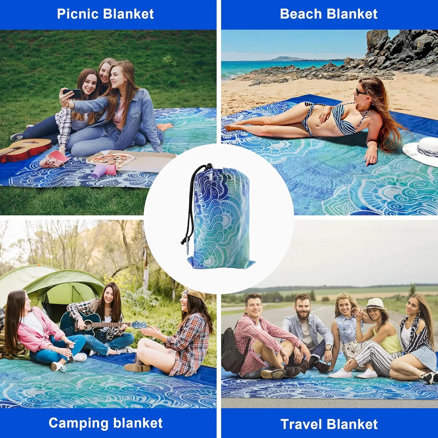Beach Blanket Waterproof Sandproof, 79x79Inch Sand Free Beach Mat, Quick Drying, Light Weight and Portable Outdoor Picnic Mat for Travel, Camping
