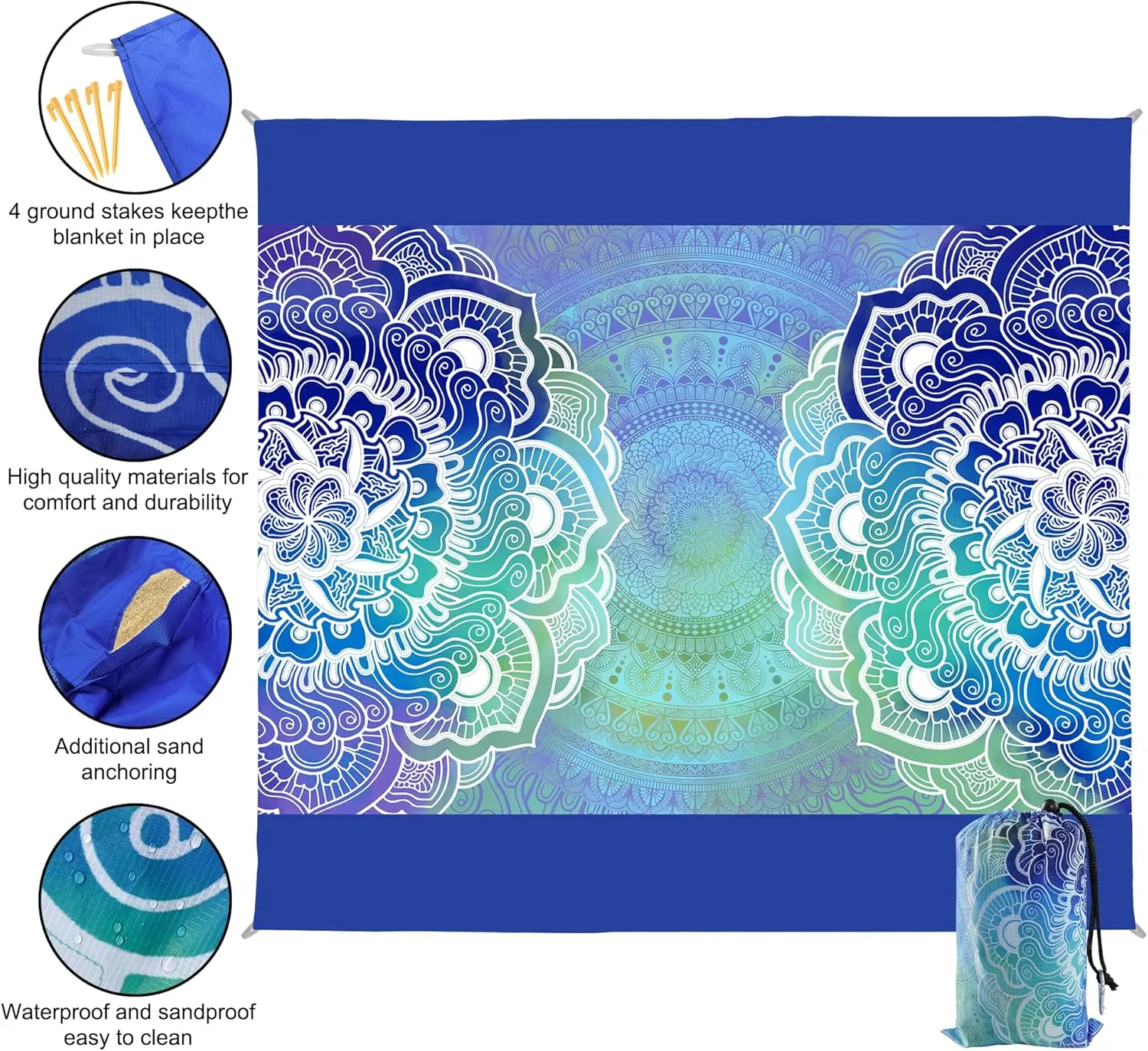 Beach Blanket Waterproof Sandproof, 79x79Inch Sand Free Beach Mat, Quick Drying, Light Weight and Portable Outdoor Picnic Mat for Travel, Camping