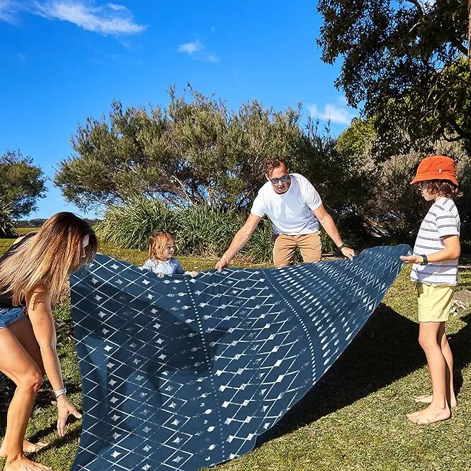 Beach Blanket Waterproof Sandproof, Large Beach Picnic Blankets Foldable Sand Free, Beach Mat Windproof w/Stakes and Corner Pocket for Outdoor, Travel, Camping, Hiking, Beach Essentials-Navy Geometry
