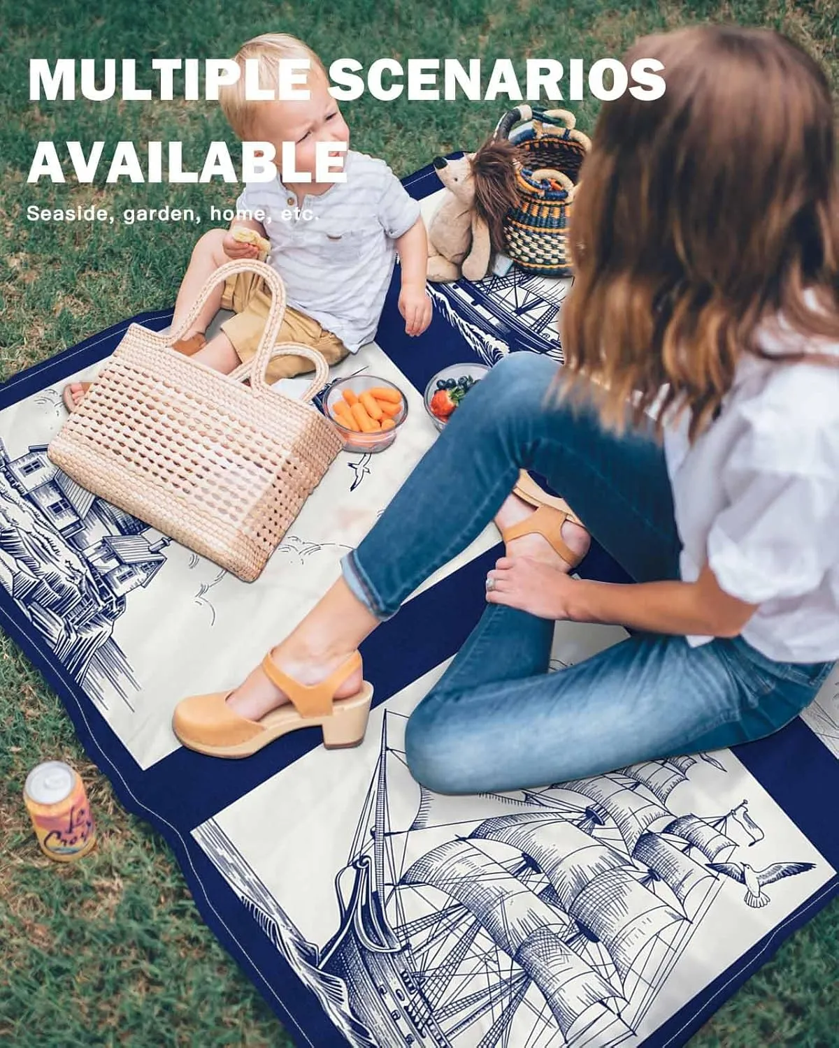 Beach Blanket Waterproof Sandproof, Navy Blue Compass Sailing Ship Plaid Quick Drying Beach Mat with 4 Stakes, Nautical Retro Lighthouse Lightweight Picnic Blanket for Travel Camping Outdoor 83"x79"