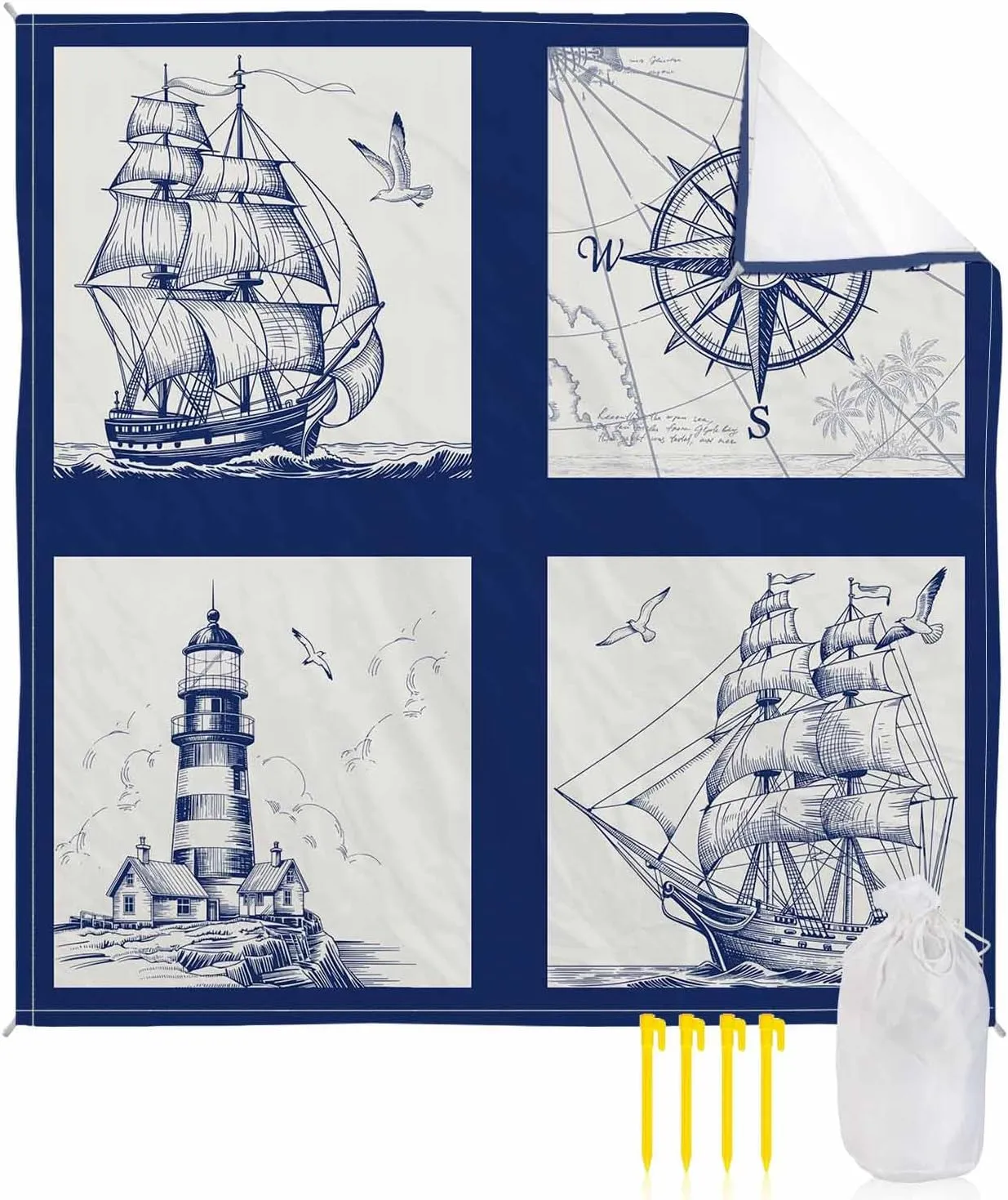 Beach Blanket Waterproof Sandproof, Navy Blue Compass Sailing Ship Plaid Quick Drying Beach Mat with 4 Stakes, Nautical Retro Lighthouse Lightweight Picnic Blanket for Travel Camping Outdoor 83"x79"