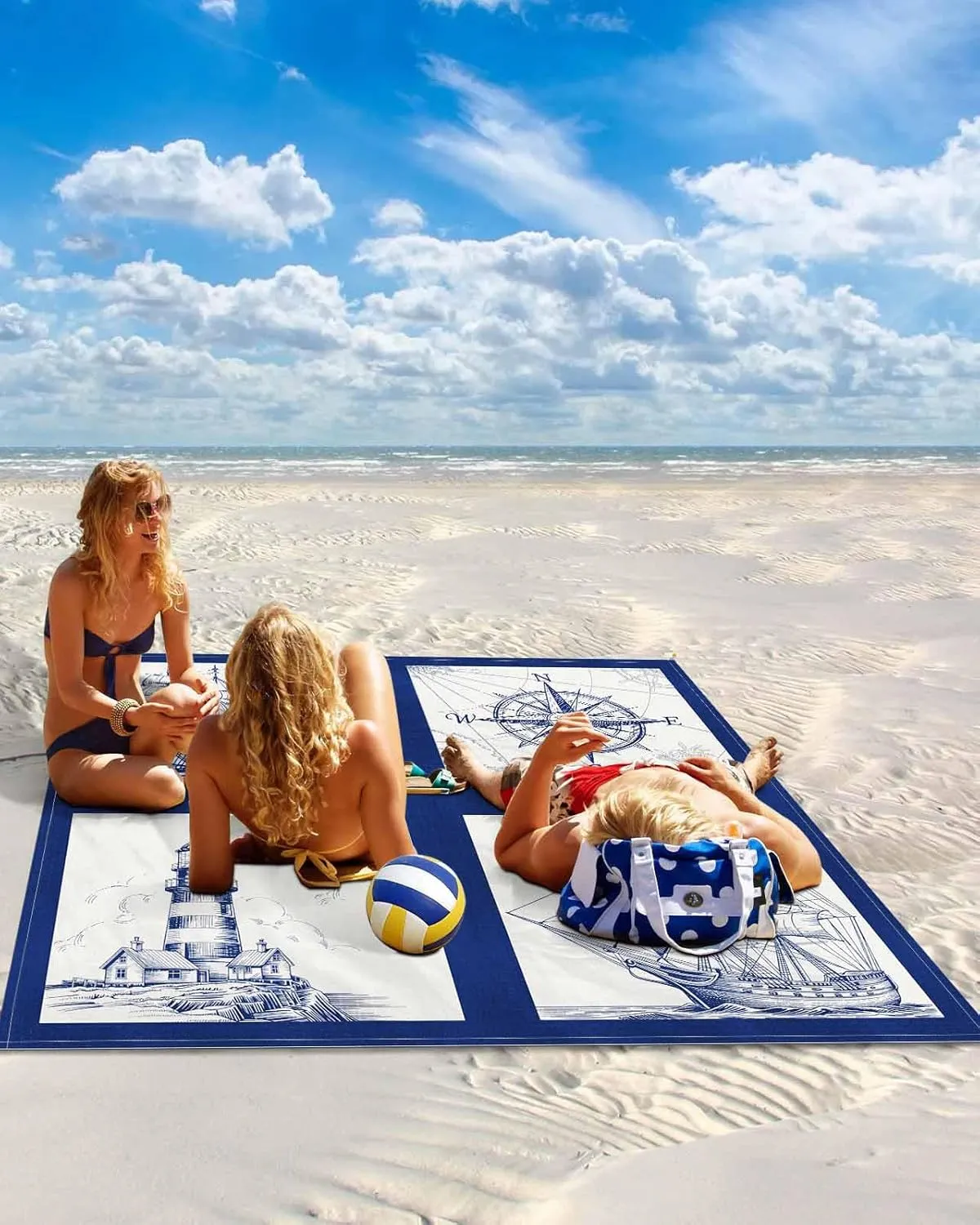 Beach Blanket Waterproof Sandproof, Navy Blue Compass Sailing Ship Plaid Quick Drying Beach Mat with 4 Stakes, Nautical Retro Lighthouse Lightweight Picnic Blanket for Travel Camping Outdoor 83"x79"