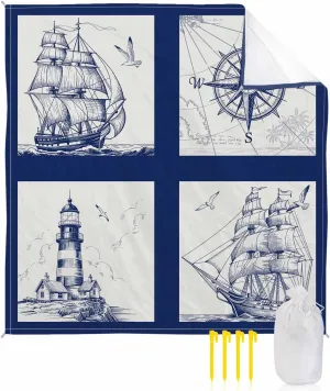 Beach Blanket Waterproof Sandproof, Navy Blue Compass Sailing Ship Plaid Quick Drying Beach Mat with 4 Stakes, Nautical Retro Lighthouse Lightweight Picnic Blanket for Travel Camping Outdoor 83"x79"