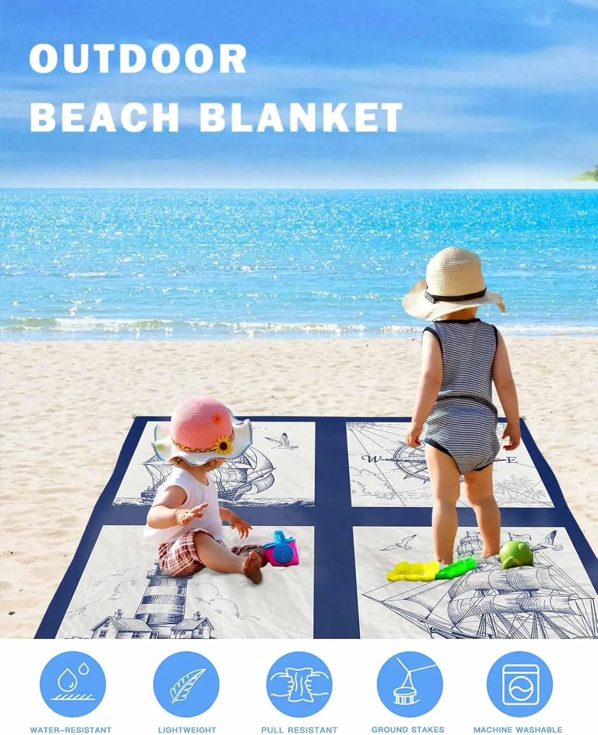 Beach Blanket Waterproof Sandproof, Navy Blue Compass Sailing Ship Plaid Quick Drying Beach Mat with 4 Stakes, Nautical Retro Lighthouse Lightweight Picnic Blanket for Travel Camping Outdoor 83"x79"