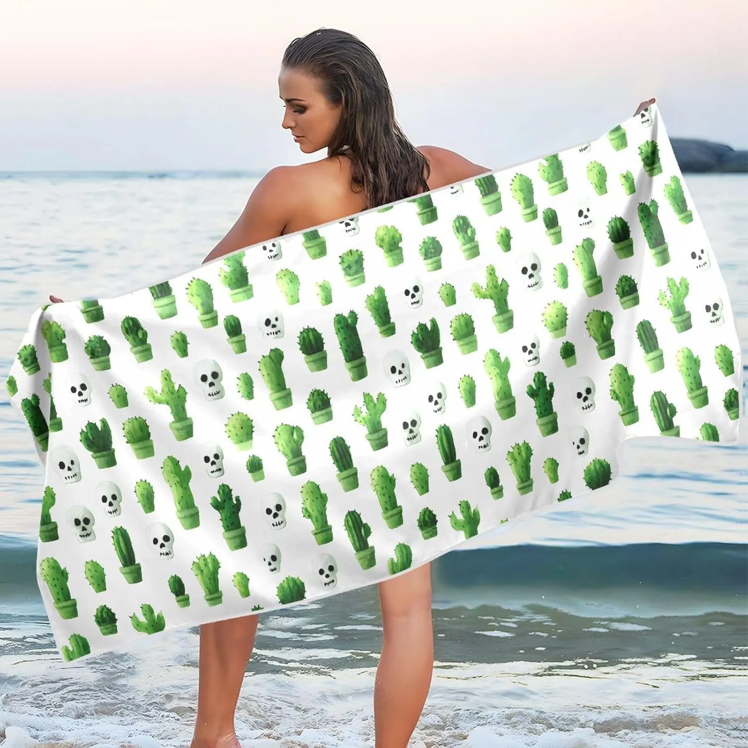 Beach Towel Skull and Cactus Print Oversized Thin 30x60 in Quick Dry Sandproof Beach Blanket with Storage Bag
