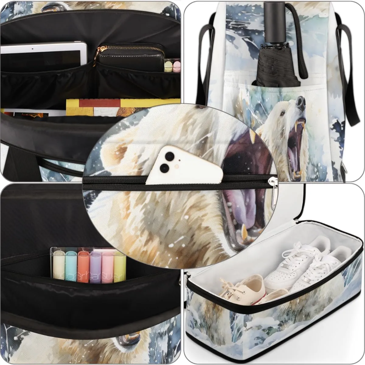 Bear Animal Print Foldable Travel Duffel Bag Overnight Weekender Bag with Shoes Compartment Sports Gym Bag for Men Women