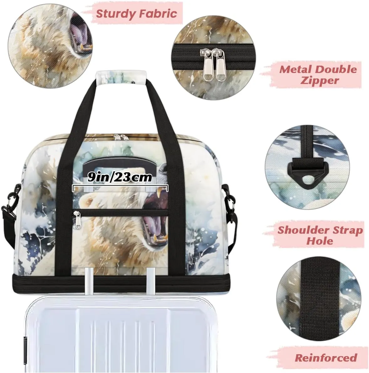 Bear Animal Print Foldable Travel Duffel Bag Overnight Weekender Bag with Shoes Compartment Sports Gym Bag for Men Women