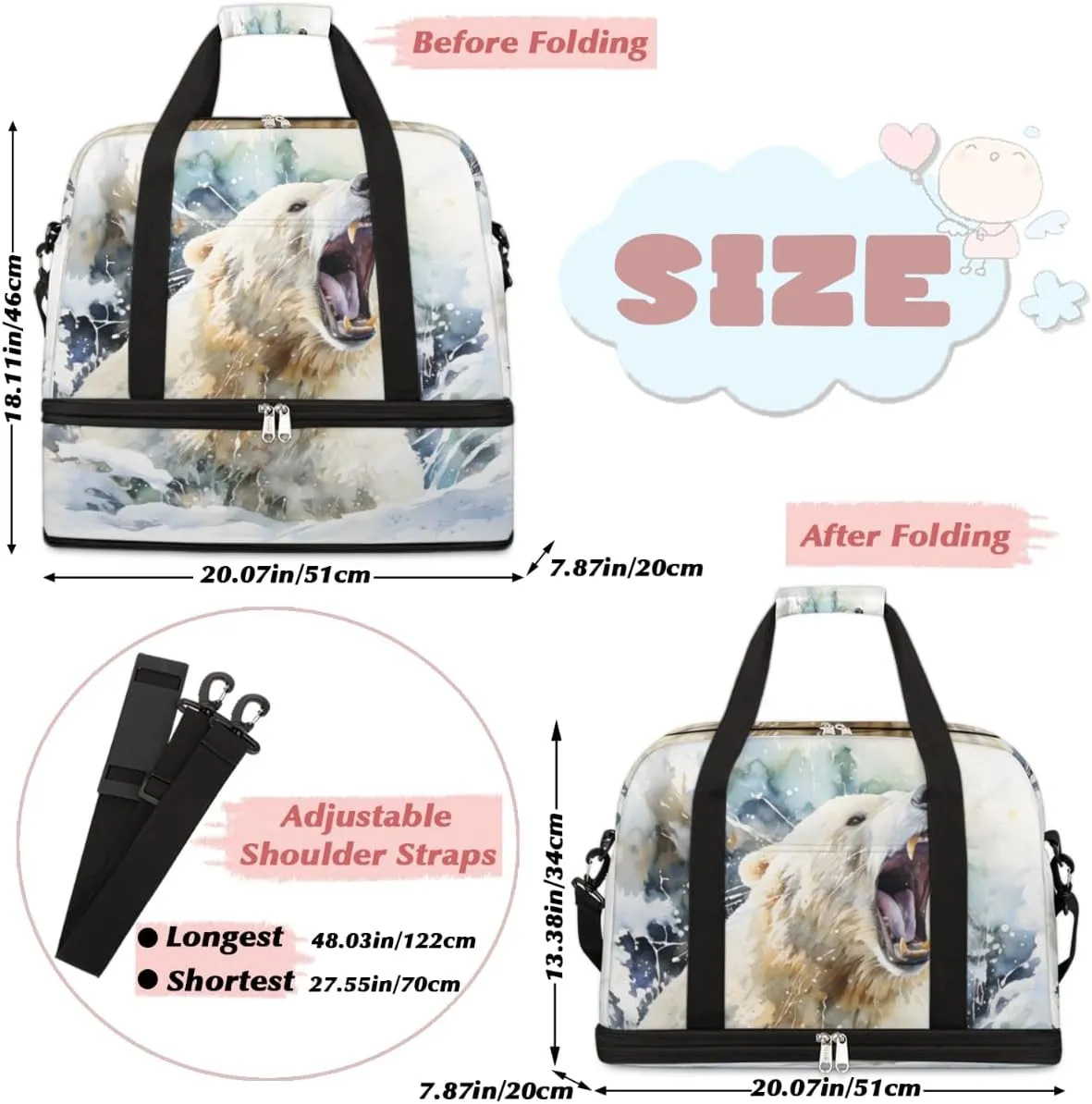 Bear Animal Print Foldable Travel Duffel Bag Overnight Weekender Bag with Shoes Compartment Sports Gym Bag for Men Women