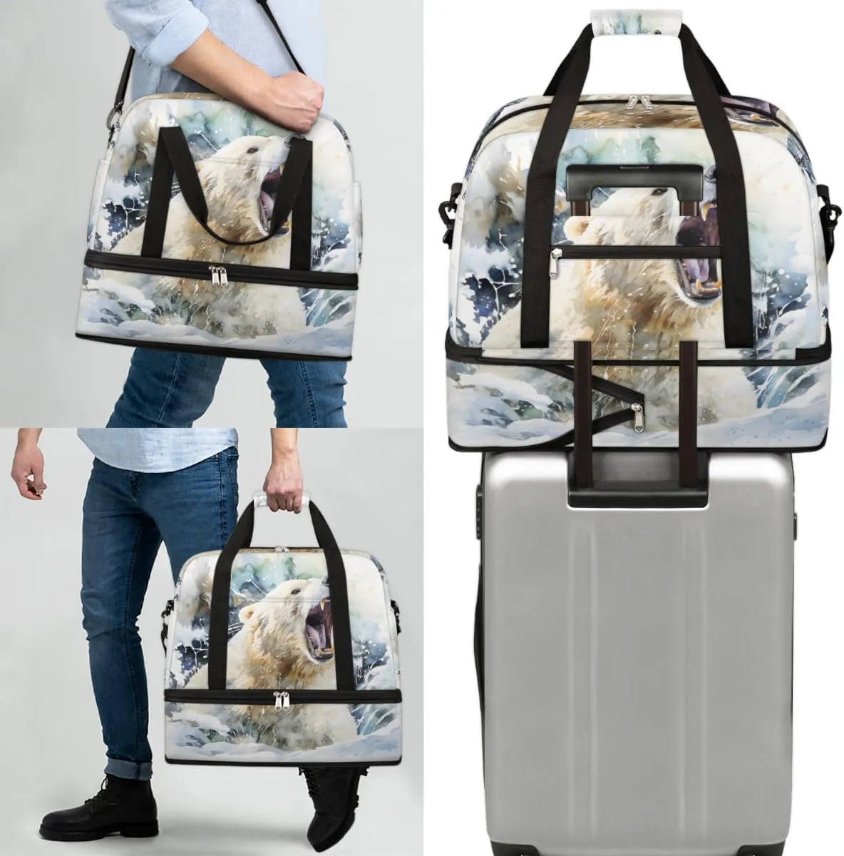 Bear Animal Print Foldable Travel Duffel Bag Overnight Weekender Bag with Shoes Compartment Sports Gym Bag for Men Women