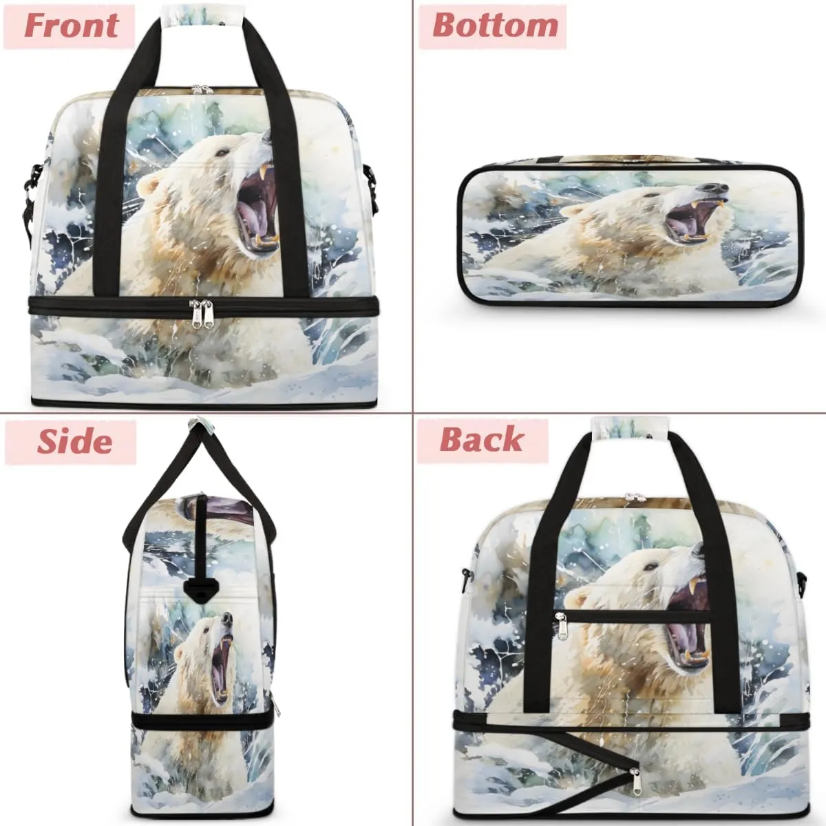 Bear Animal Print Foldable Travel Duffel Bag Overnight Weekender Bag with Shoes Compartment Sports Gym Bag for Men Women