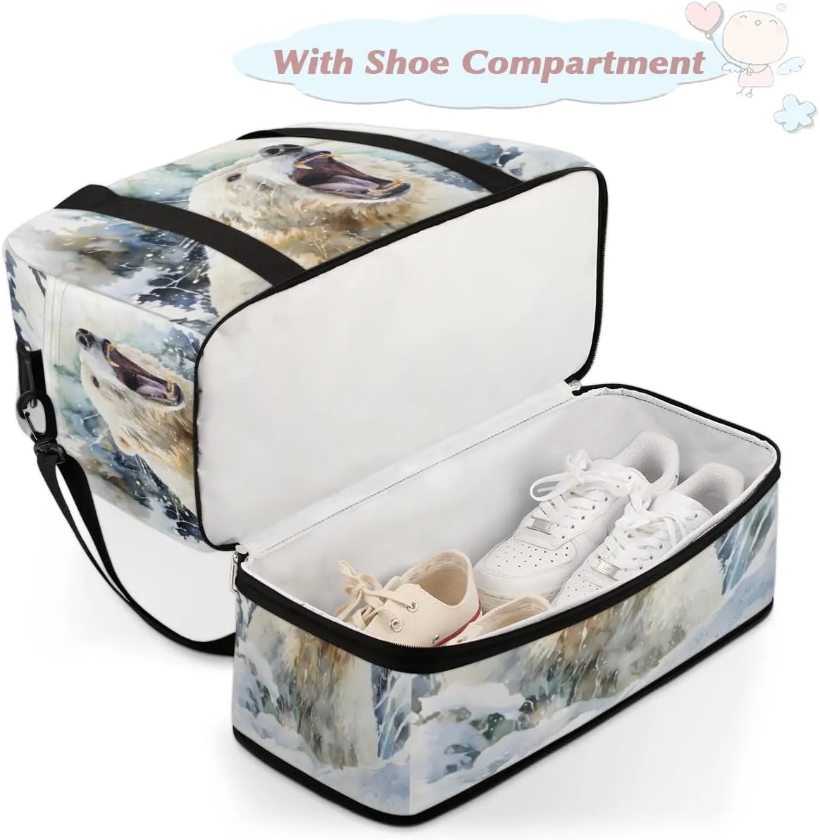 Bear Animal Print Foldable Travel Duffel Bag Overnight Weekender Bag with Shoes Compartment Sports Gym Bag for Men Women