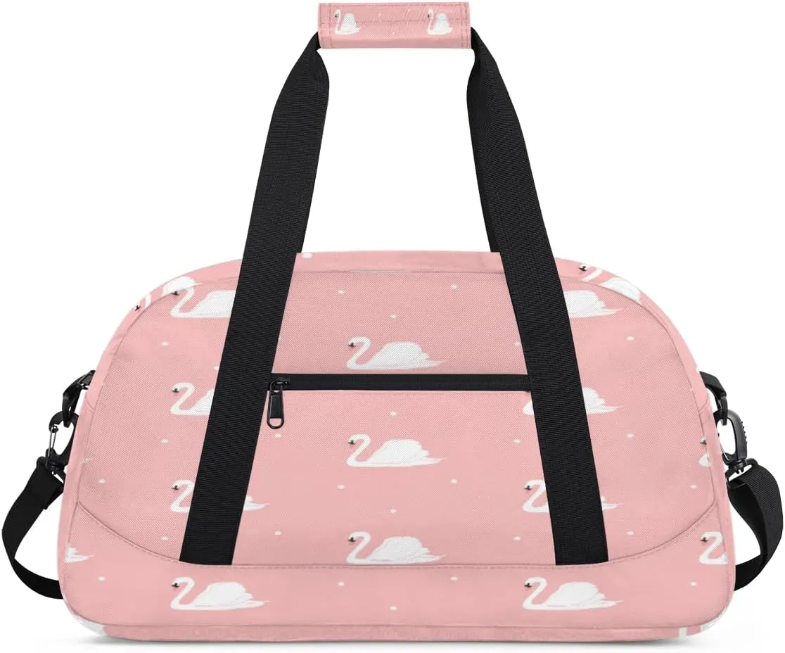 Beautiful Swans Gym Duffel Bag for Men Women Pink Background Sports Tote Bag with Adjustable Shoulder Strap for Dance Gymnastics Traveling Outdoor Camping Overnight Stay